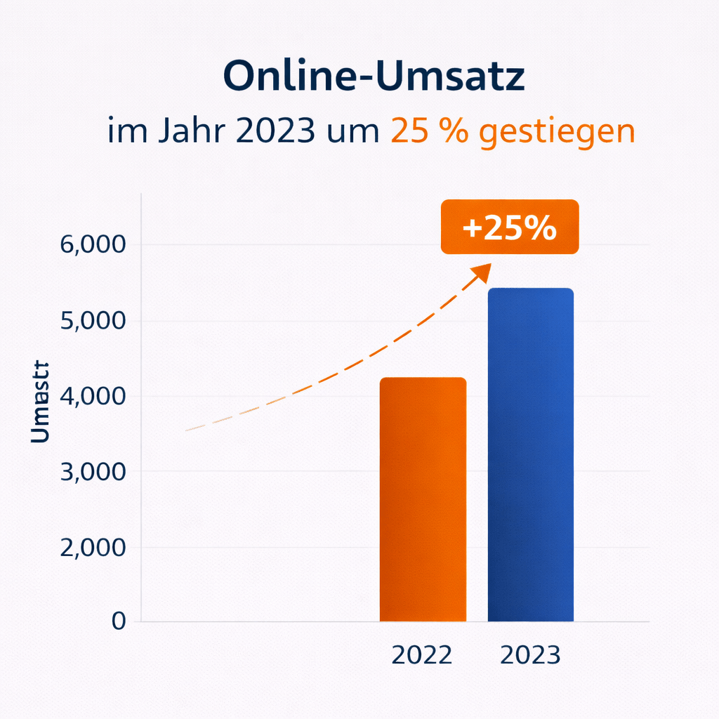 Dieses Säulen-Diagramm zeigt, dass der Online-Umsatz 2023 um 25 Prozent gestiegen ist.