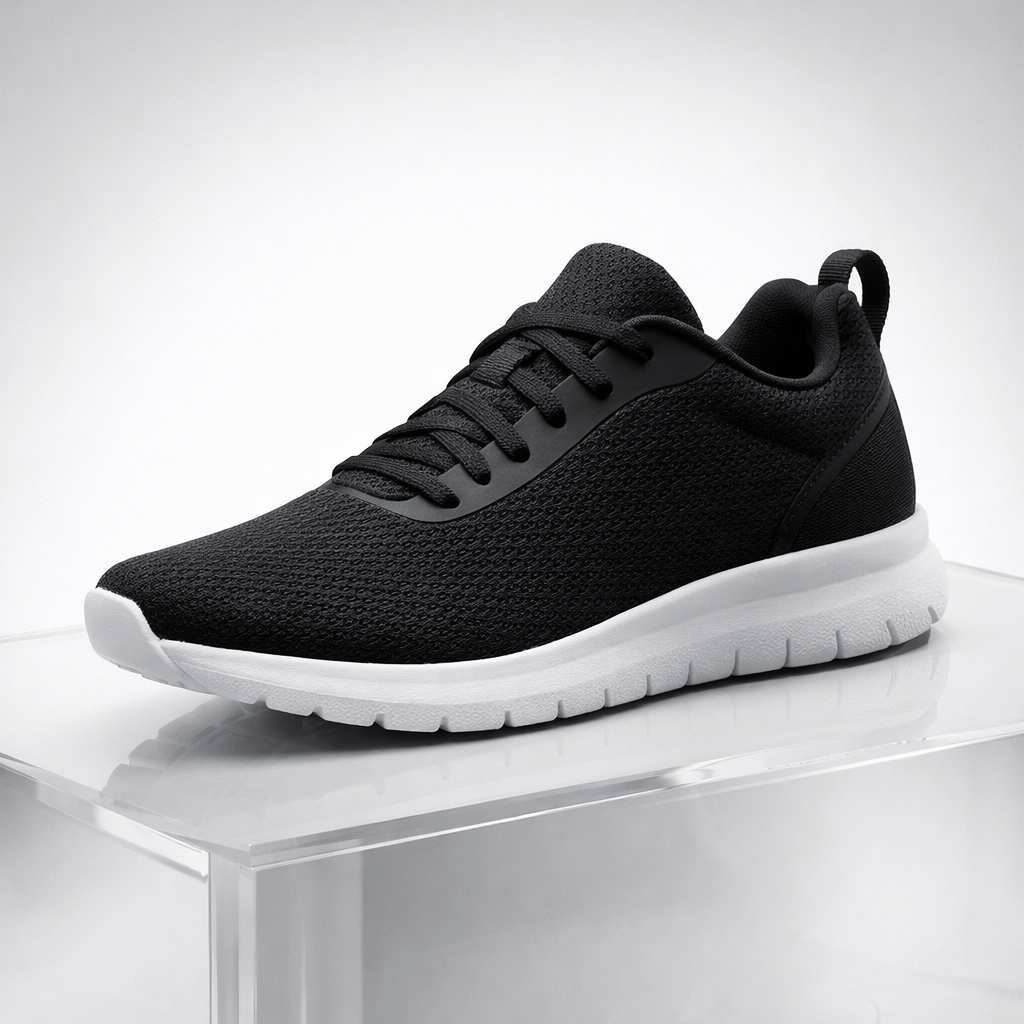 Schwarzer Sneaker mit weißer Sohle und atmungsaktivem Mesh-Obermaterial