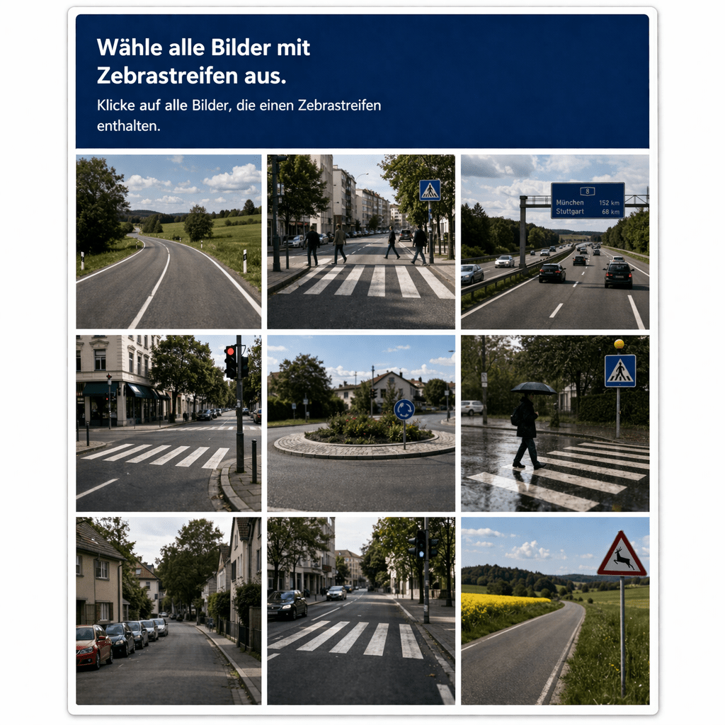 bildbasiertes CAPTCHA: Klicke auf alle Bilder, die einen Zebrastreifen enthalten.