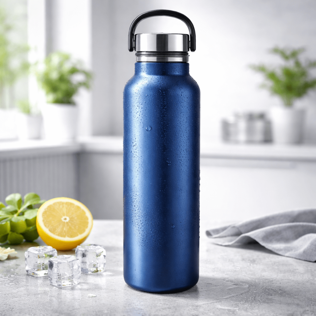 Blaue Edelstahl-Wasserflasche, 750 Milliliter Volumen, doppelwandig isoliert