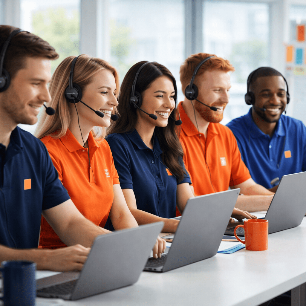 Fünfköpfiges Support-Team im Büro beim gemeinsamen Kunden-Telefonat