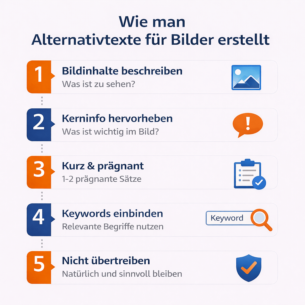 Diese Infografik erklärt in fünf Schritten, wie Alternativ-Texte für Bilder erstellt werden