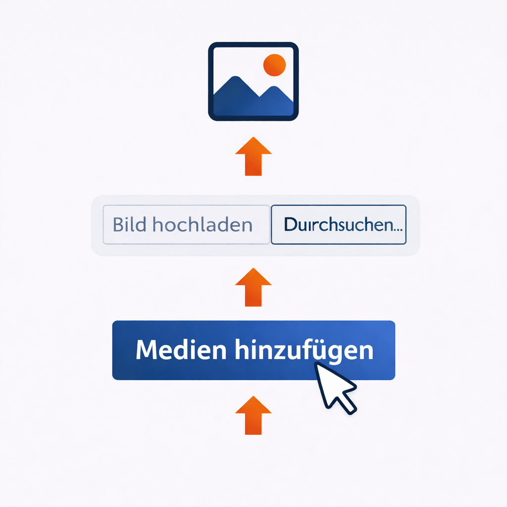 Step-by-Step-Anleitung: In WordPress auf "Medien hinzufügen" klicken, um ein Bild hochzuladen.