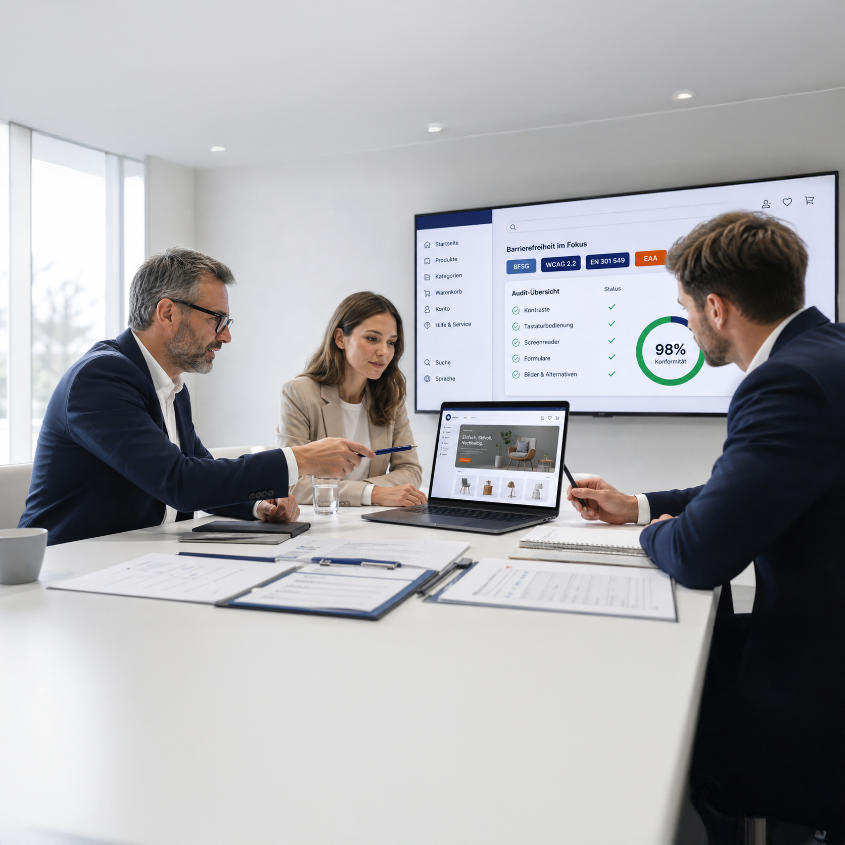 Team prüft Webshop-Audit mit BFSG- und WCAG-Checkliste am Bildschirm.
