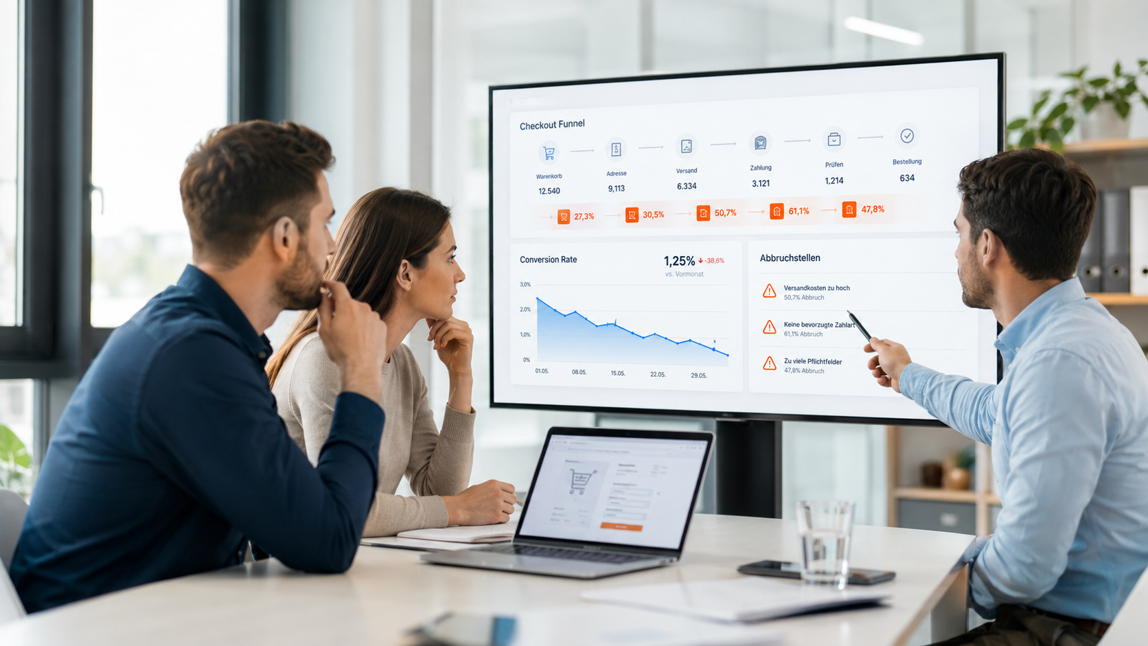 Team analysiert Checkout-Funnel mit Conversion-Rate und Abbruchstellen am Bildschirm.