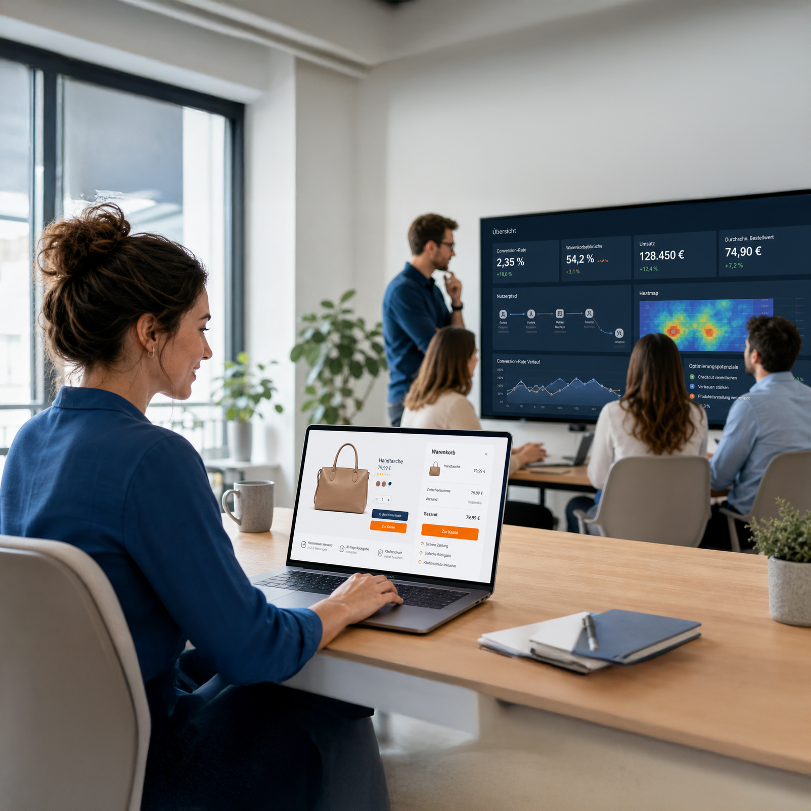 Team analysiert Conversion, Abbrüche und Checkout im Dashboard.