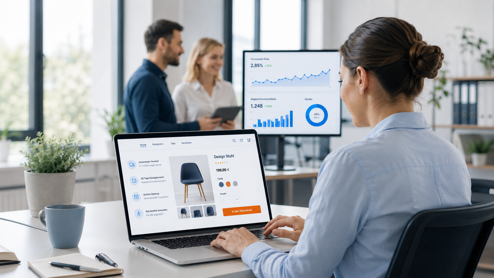 Webshop-Ansicht am Laptop, im Hintergrund Dashboard mit steigender Conversion.