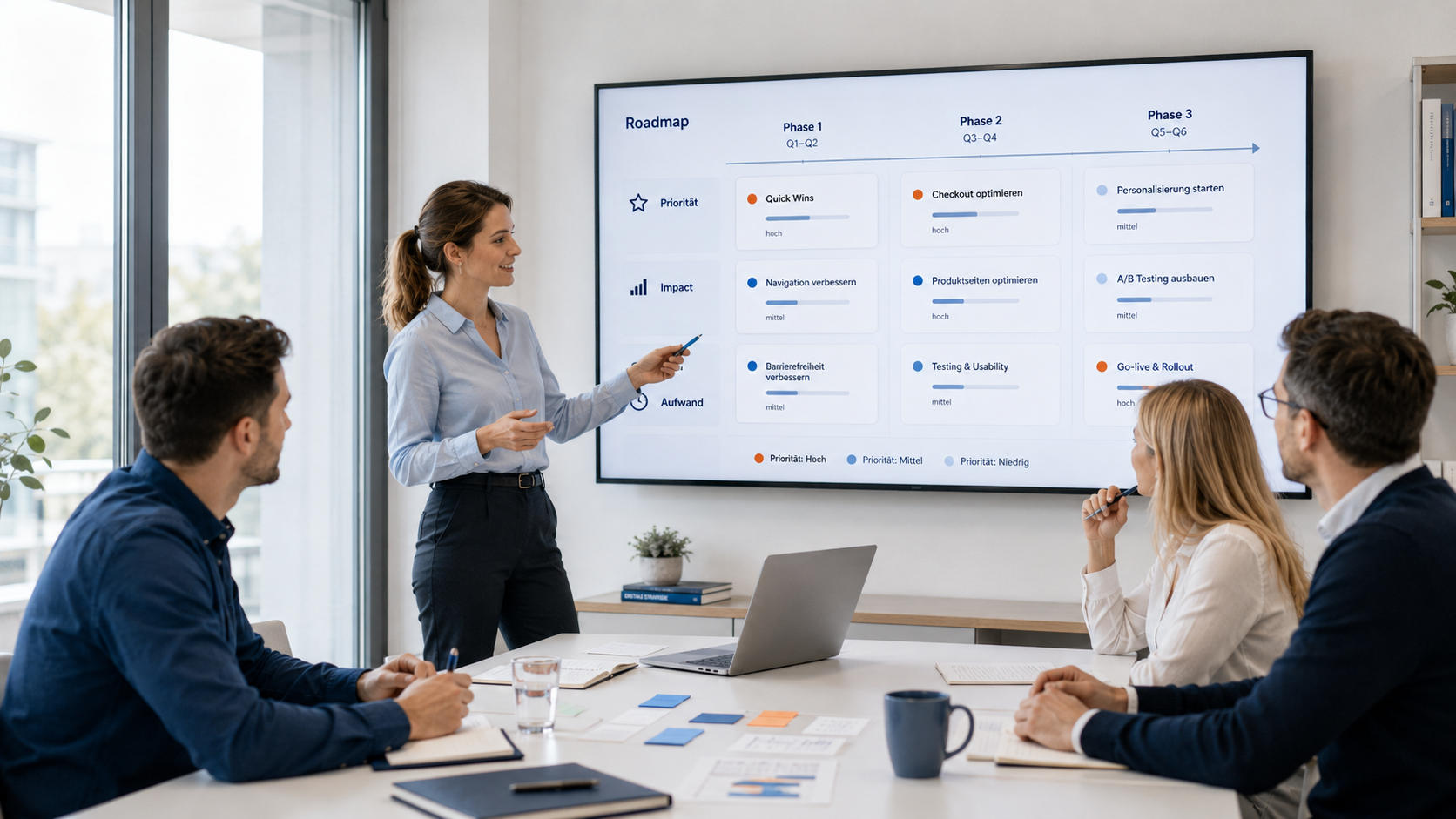 Workshop: Roadmap mit priorisierten Maßnahmen wird am Bildschirm vorgestellt.