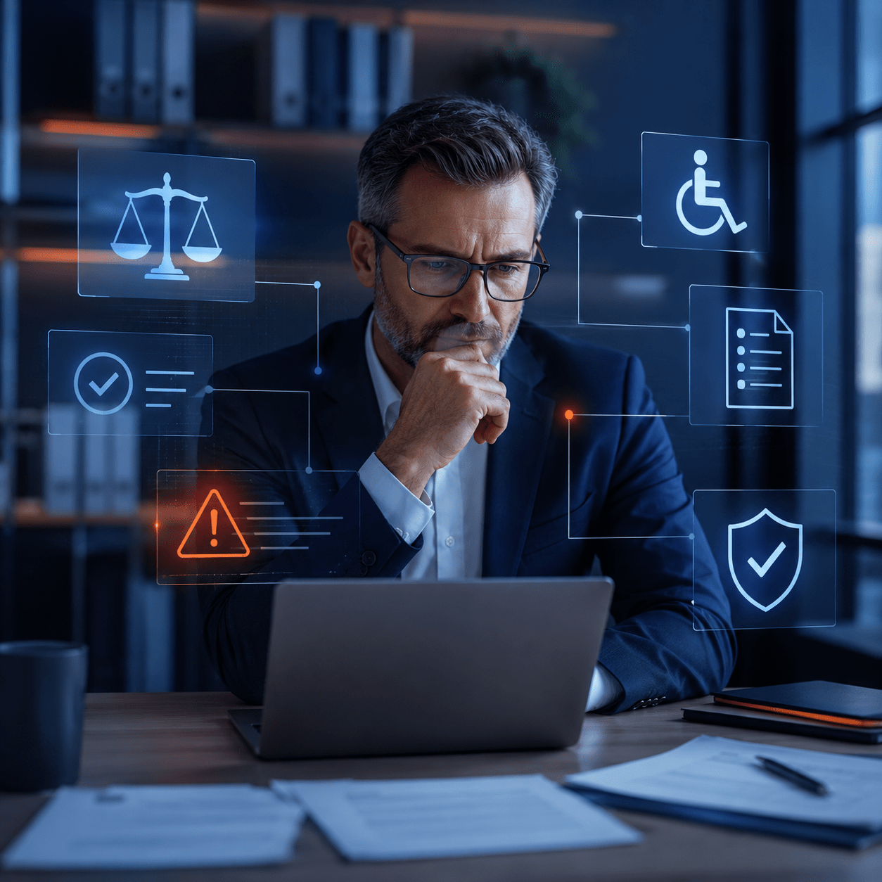 Ein Geschäftsführer prüft nachdenklich digitale Anforderungen an Barrierefreiheit und Compliance.