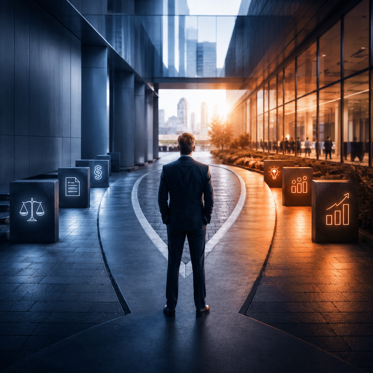 Geschäftsmann an einer Weggabelung zwischen Compliance- und Wachstums-Symbolen.