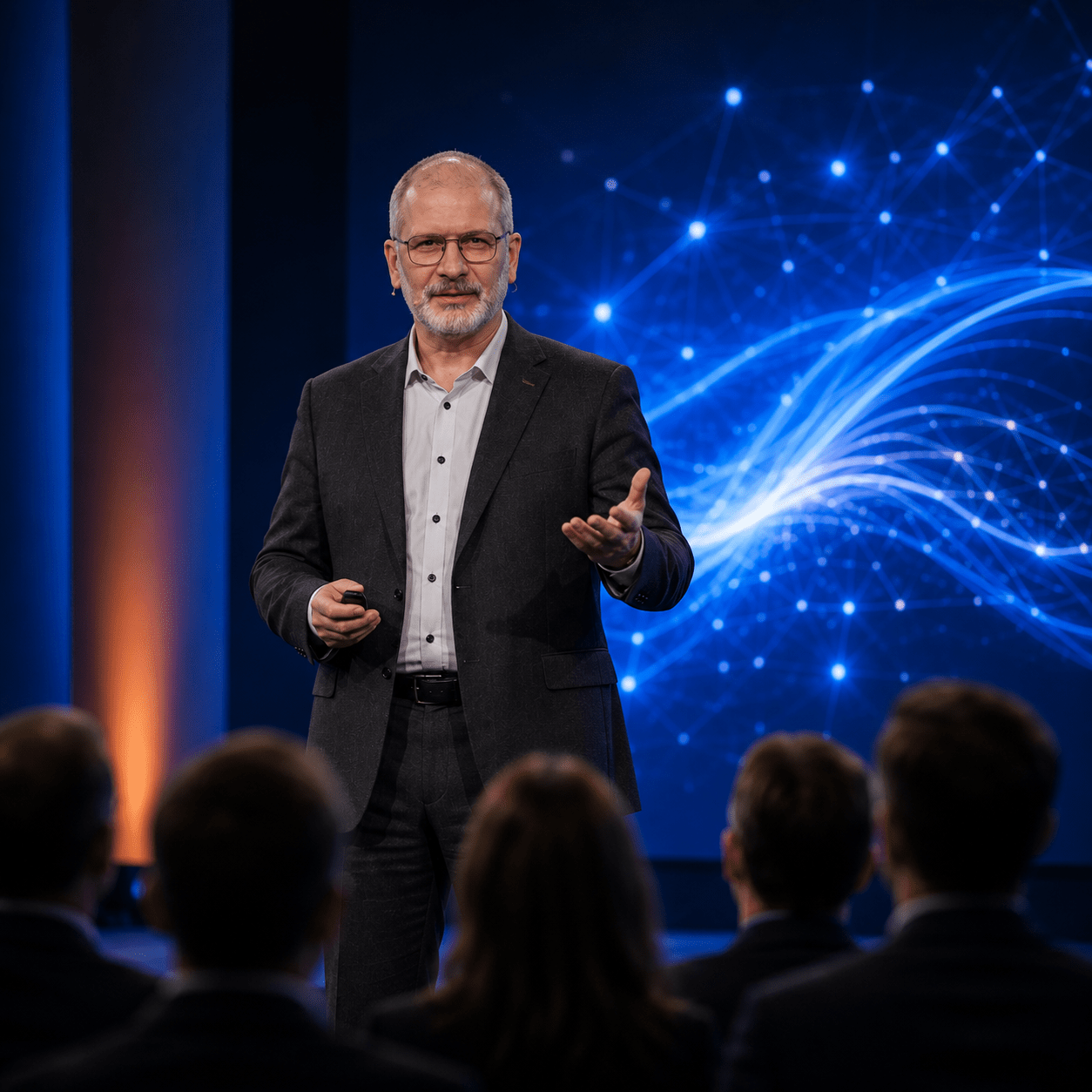 Keynote: Stephan Anders präsentiert auf einer Konferenzbühne zu digitaler Barrierefreiheit.