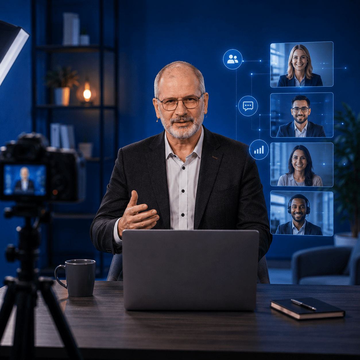 Stephan Anders interagiert über ein Webinar mit digitalen Teilnehmenden.