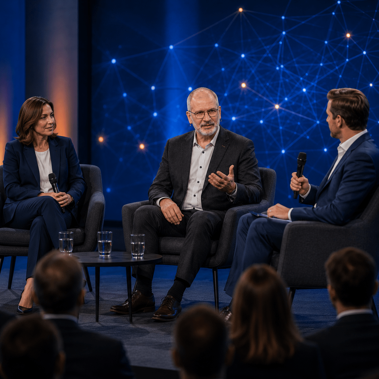 Interview / Panel: Mehrere Experten diskutieren auf einer Bühne über digitale Barrierefreiheit.