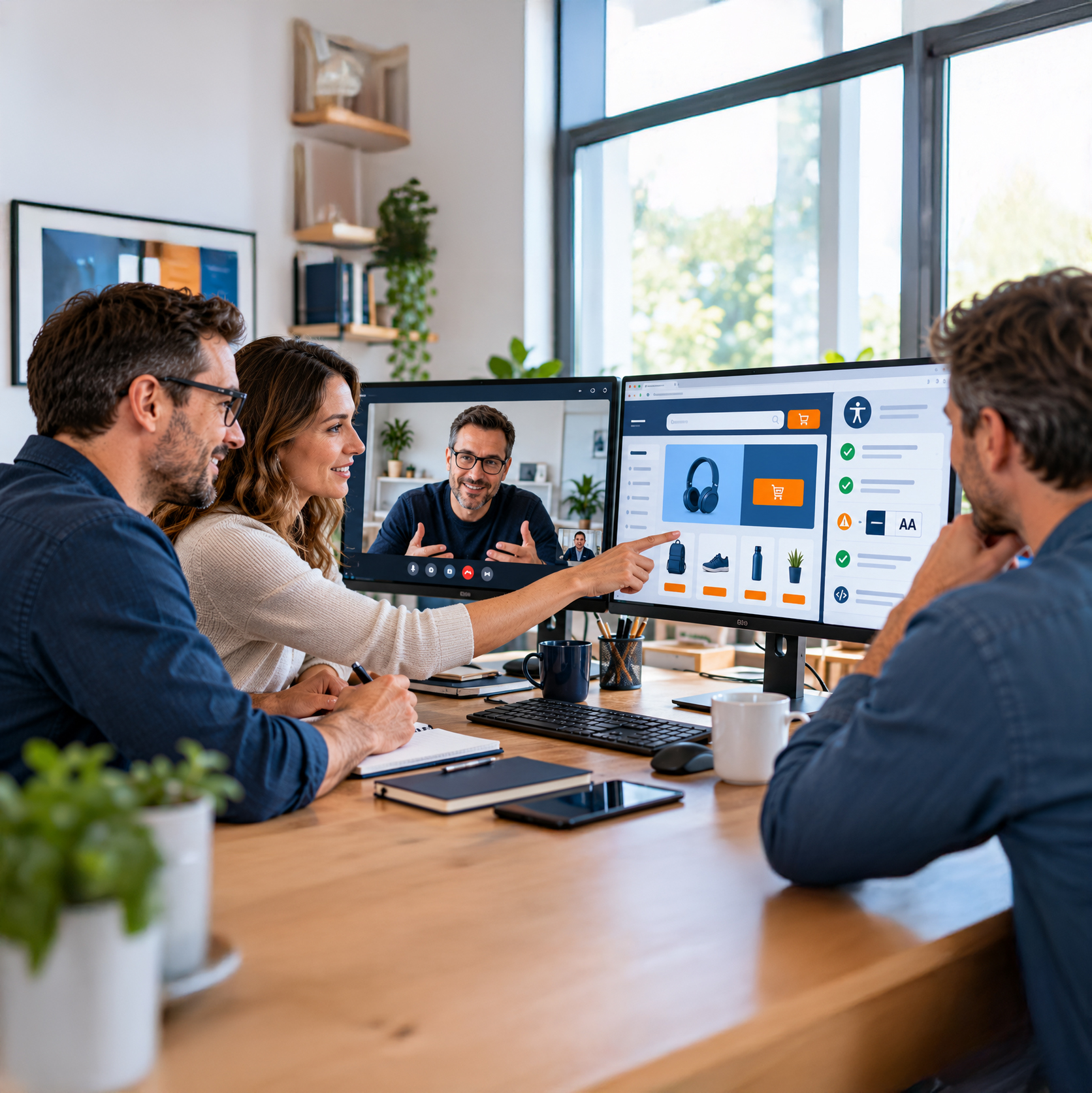 Ein Agentur-Team bespricht mit einem zugeschalteten Barrierefreiheits-Consultant per Video-Call die digitale Barrierefreiheit eines Web-Shops.