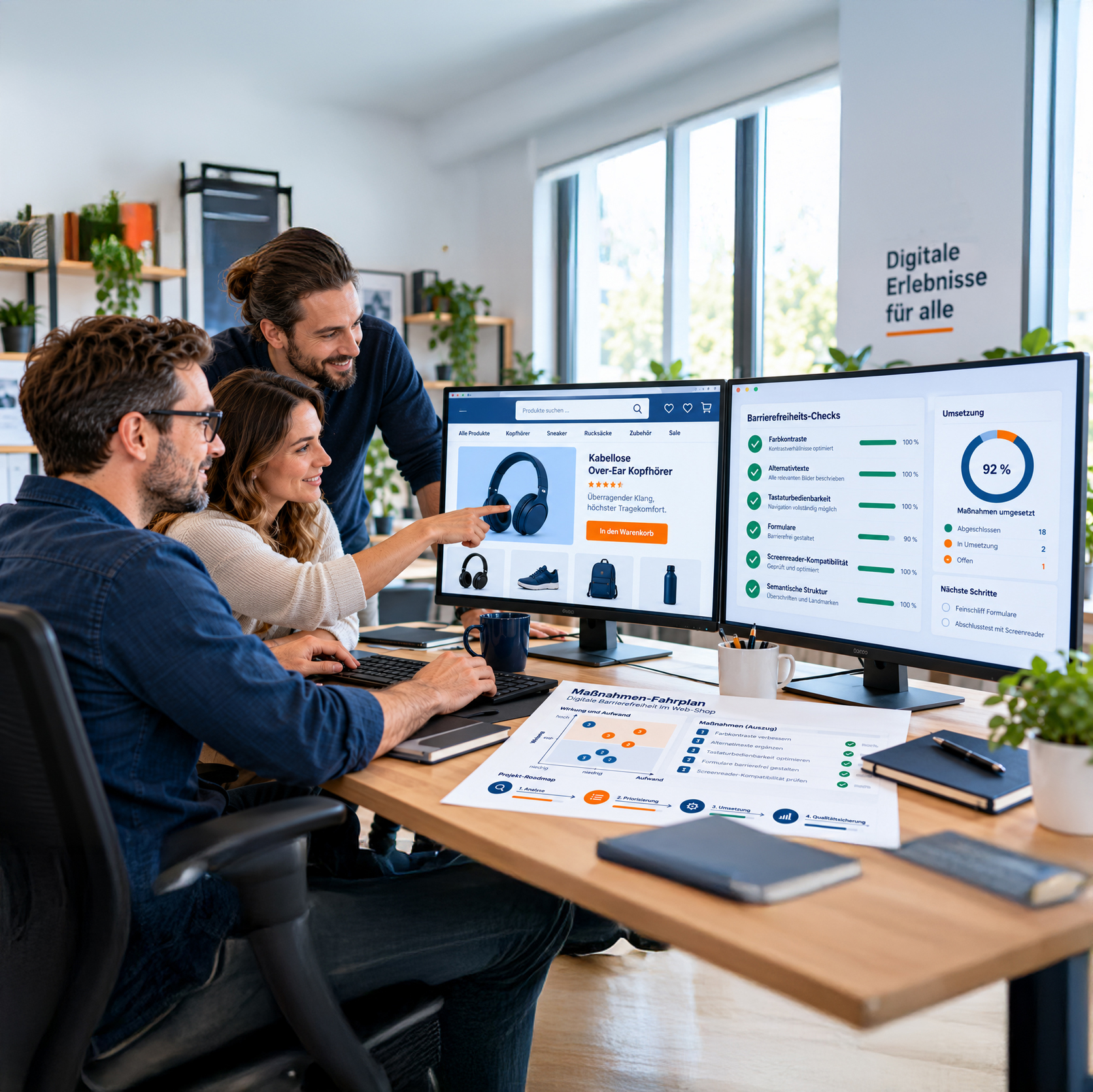 Ein Entwickler-Team optimiert gemeinsam die digitale Barrierefreiheit eines Web-Shops. Auf den Monitoren sind erfolgreiche Prüfungen zu sehen, daneben liegt der Maßnahmen-Fahrplan.