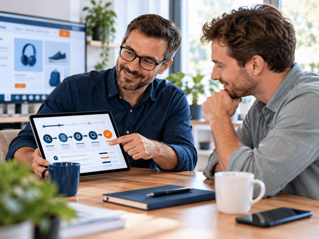 Ein Agentur-Inhaber erklärt einem Web-Shop-Betreiber entspannt einen Maßnahmen-Fahrplan zur digitalen Barrierefreiheit auf einem Tablet.